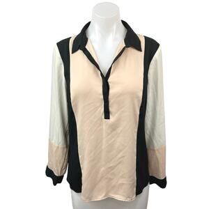 Ann Taylor Women's Beige Cream Black Long Sleeve Colorblock Blouse Top Size M